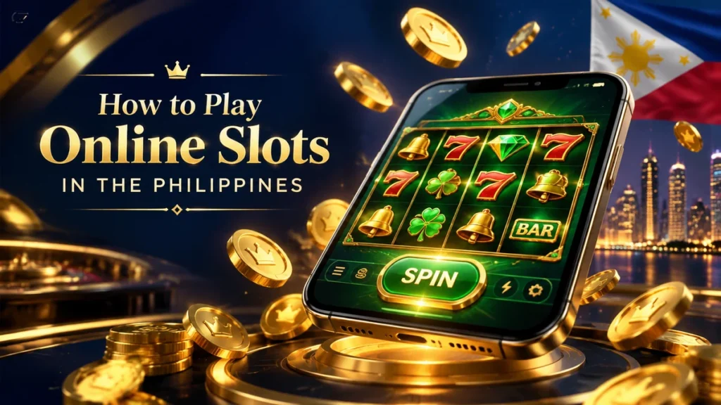 How to play online slots in the Philippines guide banner with golden slot reels and Philippine Peso icons